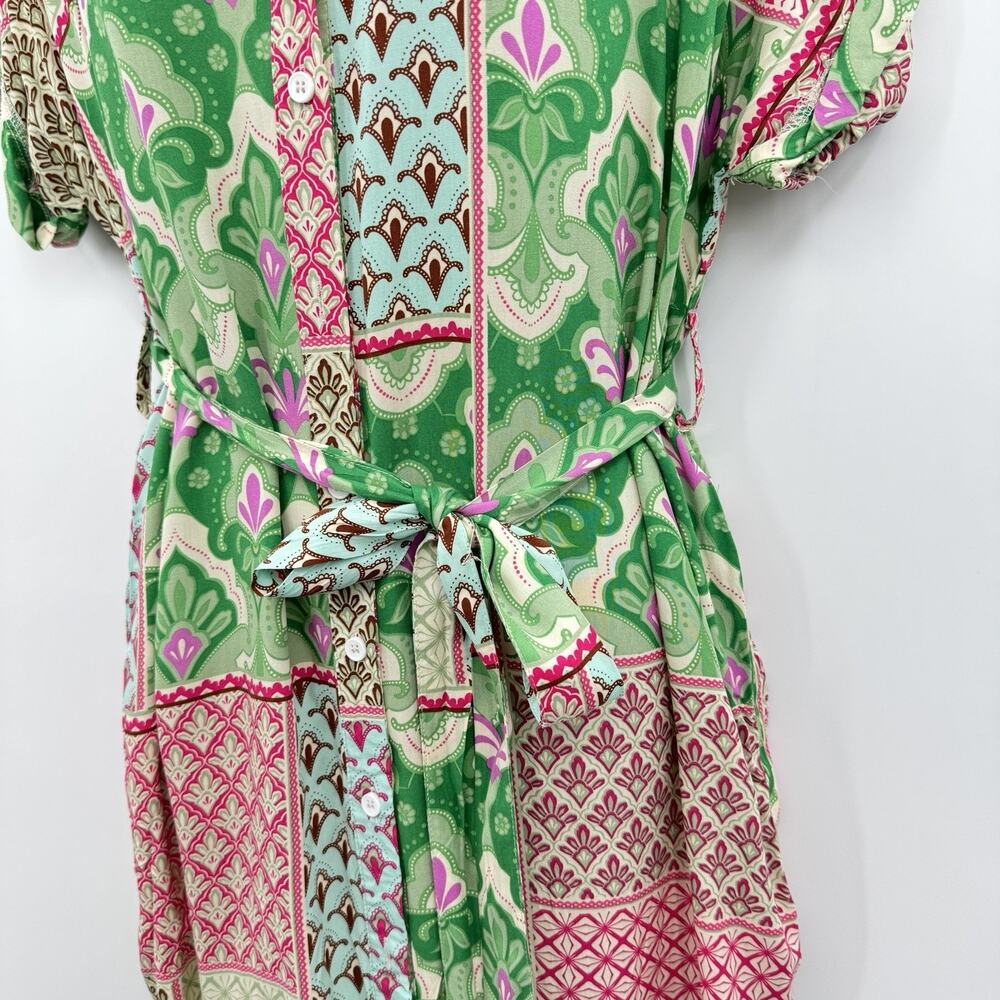 Umgee Patchwork Mixed Print Midi Dress Sz M Pink Green Floral Boho Beachy Artsy - Picture 7 of 15